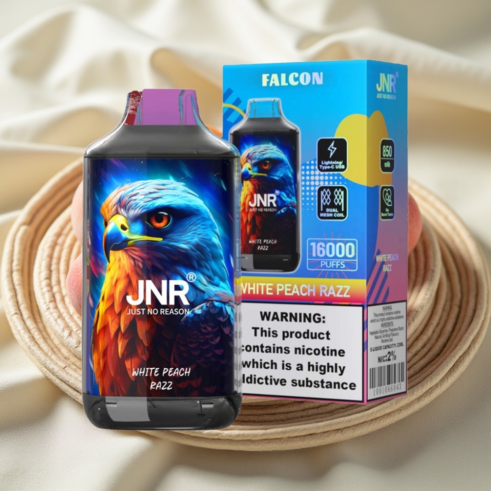 JNR Falcon 16000 Puffs Witte Perzik Razz Dual Mesh Coil Smart LED Display