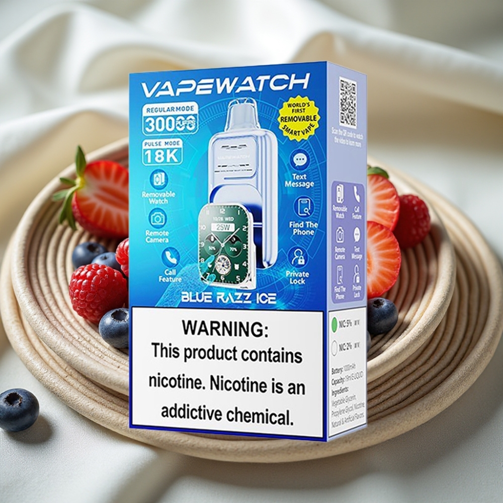 JNR VapeWatch 30000 Puffs Blauwe Razz IJs 1000mAh 19mL Dual Mesh Coil Type-C